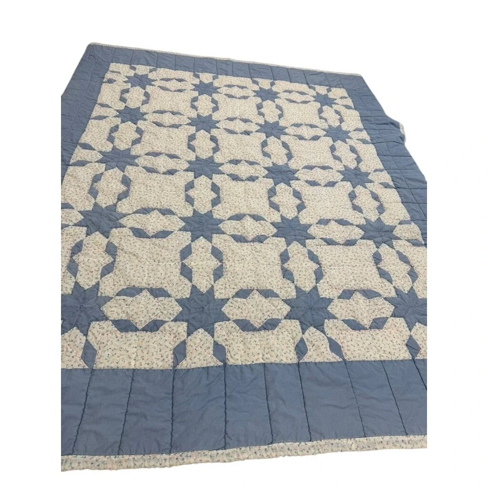 VTG Blue Star Patchwork Quilt Floral Print Cotton Farmhouse Throw 80 X 68 FLAWS